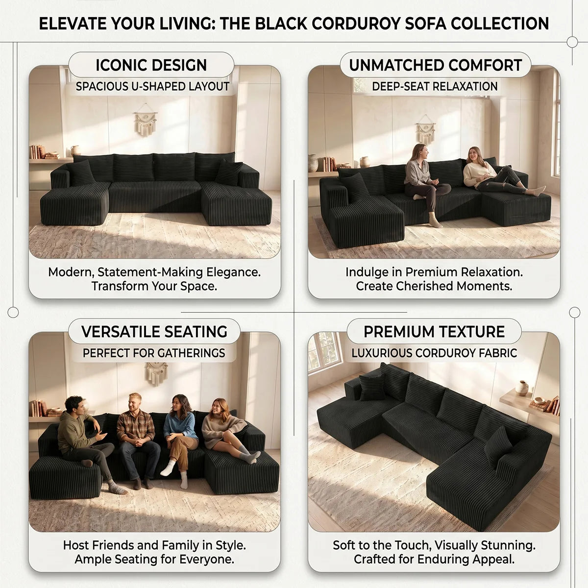 128 Inch Black U‑Shaped Modular Cloud Sofa, Vacuum Compressed Packing Clearance Sale, Local Warehouse Shipping for Living Room Home Furniture