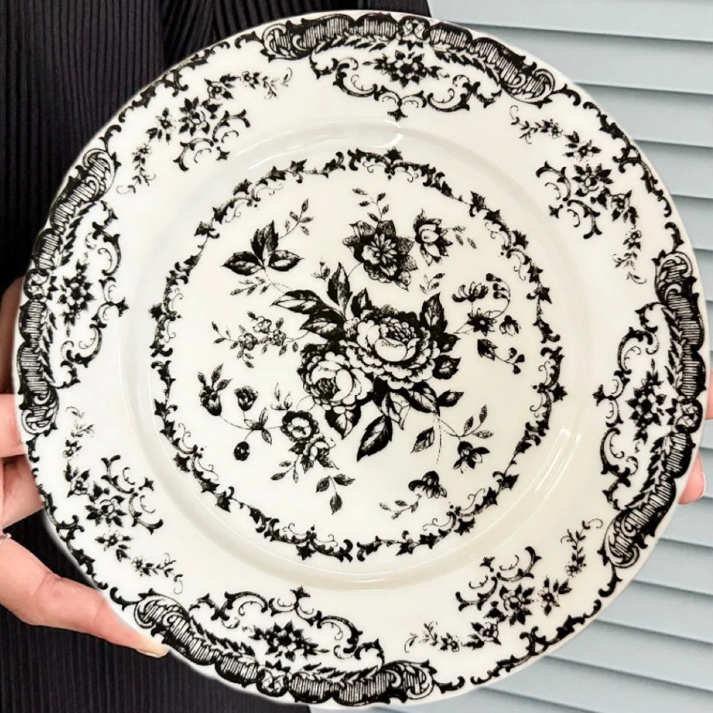 Dinner Set Retro Nordic Flower Pattern Disc Round Ceramic Dinner Plate Exquisite Light Luxury Shallow Plate Hotel