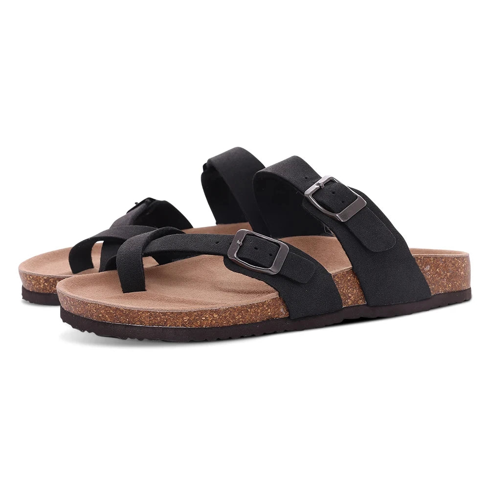 Comwarm Classic Cork Slippers For Women New Fashion Suede Flats Sandals Summer Couple Beach Slides Shoes With Adjustable Buckle