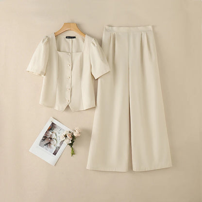 2PCS Women OL Work Outfits ZANZEA Summer Square Neck Short Sleeve Blouse Wide Leg Pant Sets Solid Color 2 Pieces Sets Tracksuit