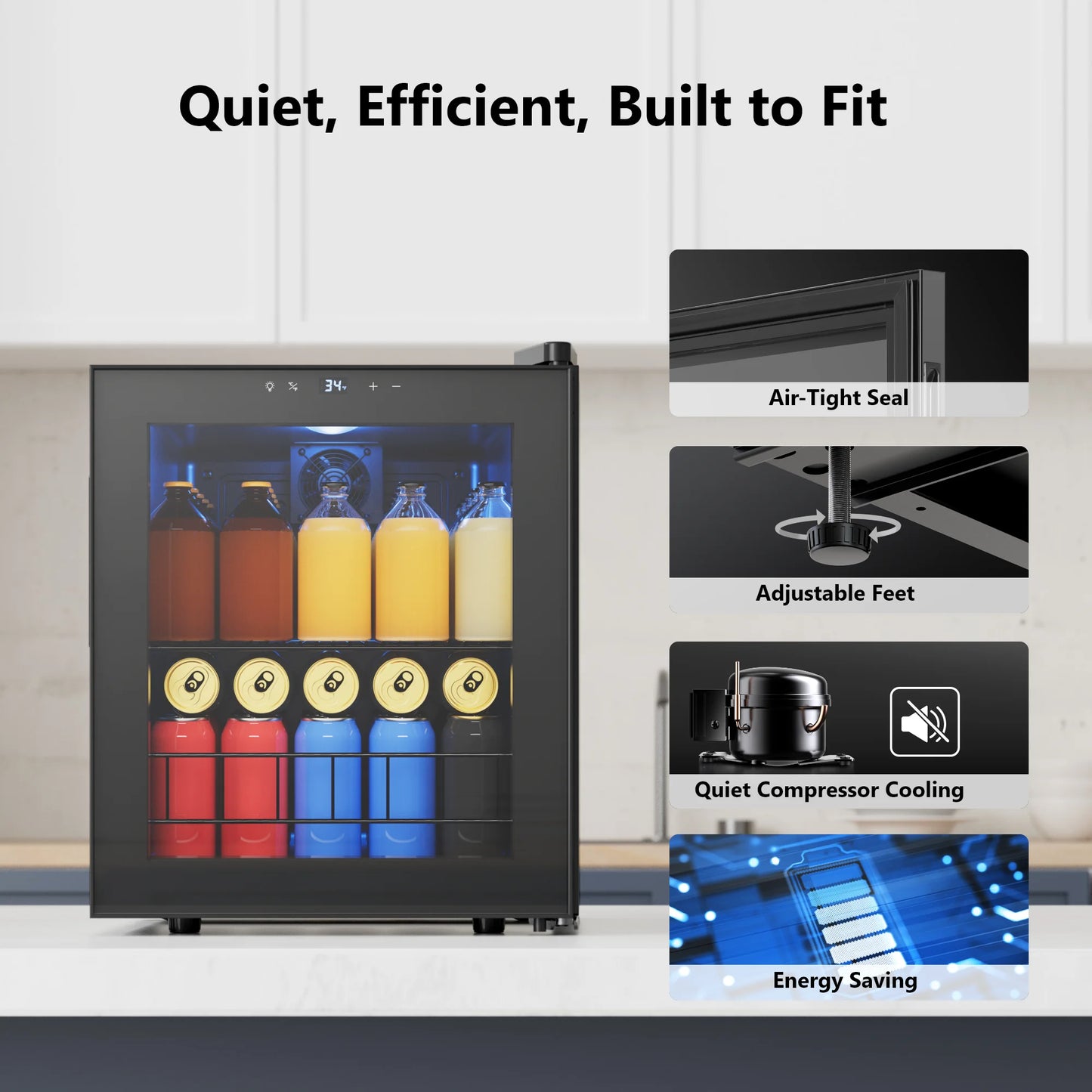 60 Cans Beverage Refrigerator 46L Mini Drink Cooler 1‑12℃ Electronic Temperature Control Glass Door Right Open For Home Bar Commercial Use