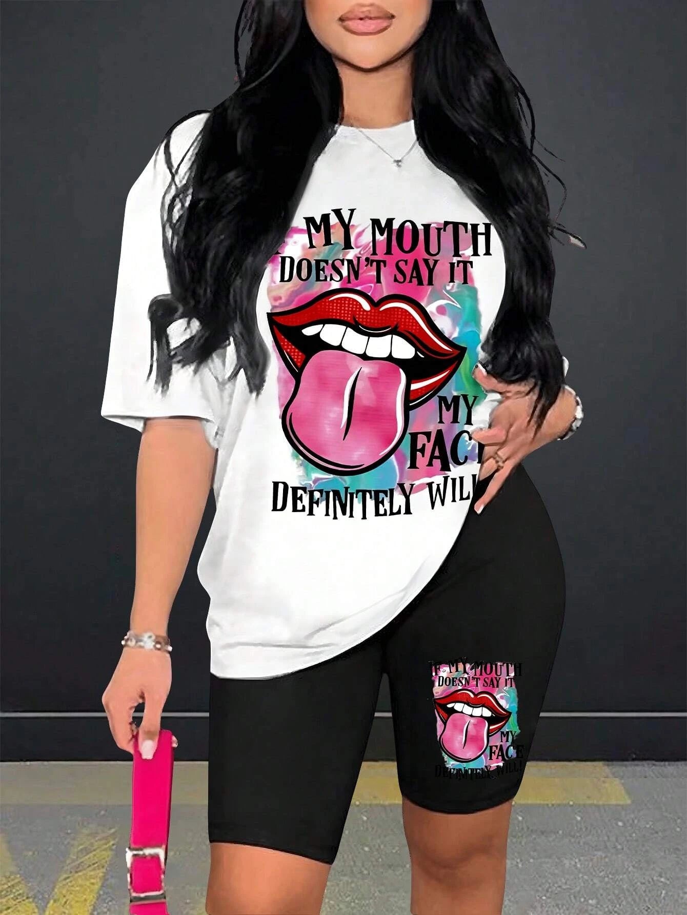 My Mouth Doesn'T Say It Printing Women T Shirts Two Piece Set Fashion Novel Short Sets New Summer Breathable Shirt Shorts Female
