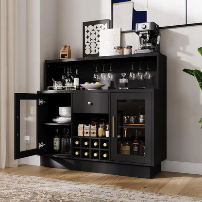 47" LED Wine Bar Cabinet With Glass Doors, 8 Bottle Rack, 15 Glass Holder, Drawers & Charging Station For Dining Room Kitchen