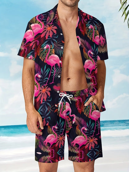 Men'S Summer 2025 Hawaiian Flamingo Pattern Short Sleeve Shirt and Shorts Set Casual Loose Fit for Vacation and Daily Wear