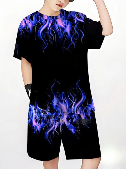 Summer Outfit Blue Flame Print Short Sleeve T-Shirt + Shorts Set Black Casual Sportswear Kids Streetwear Tracksuit