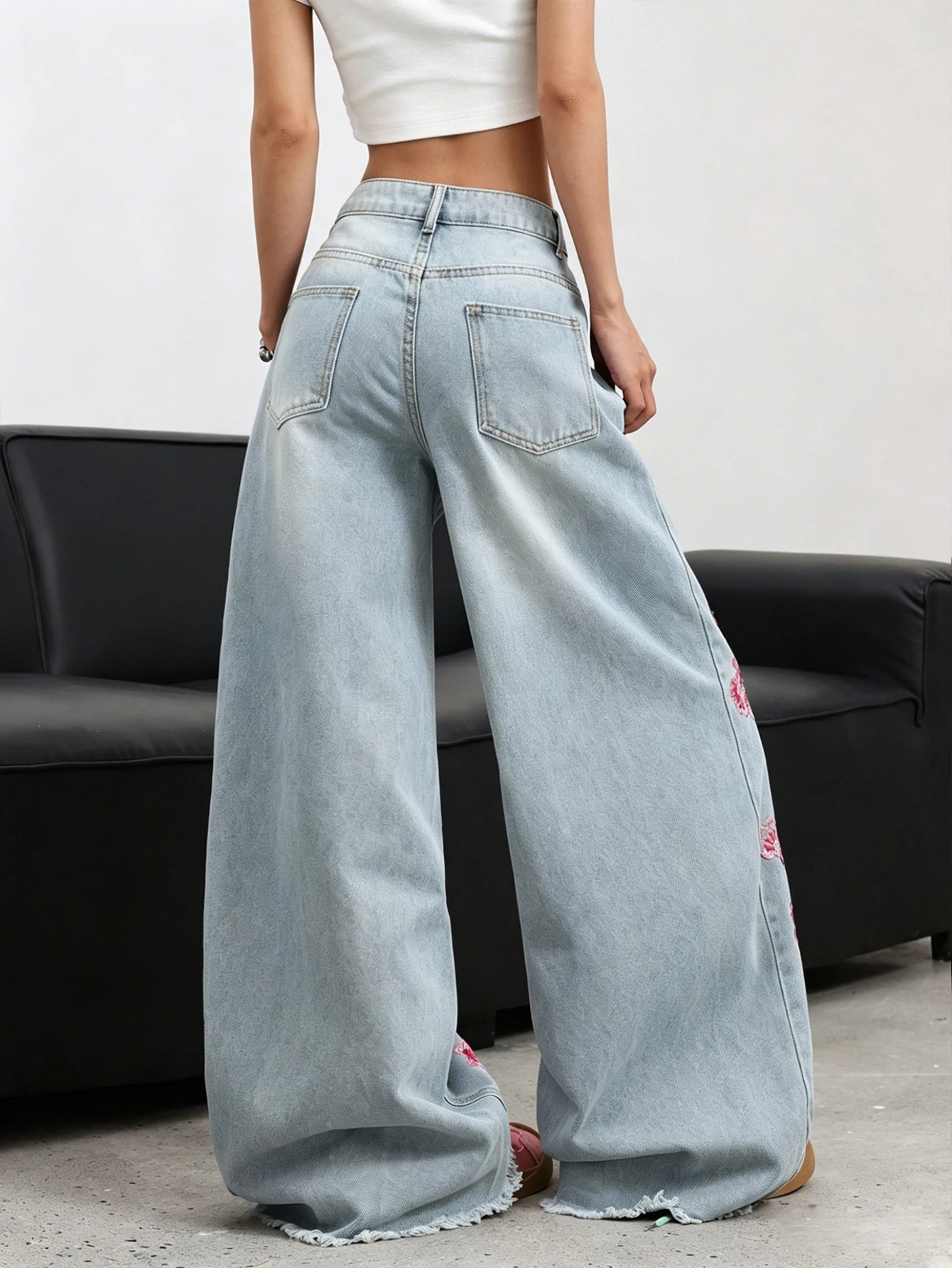 American Retro Plum Blossom Embroidery Design Blue Women's Loose Wide-Leg Jeans Y2K Street Fashion Versatile Straight Trousers