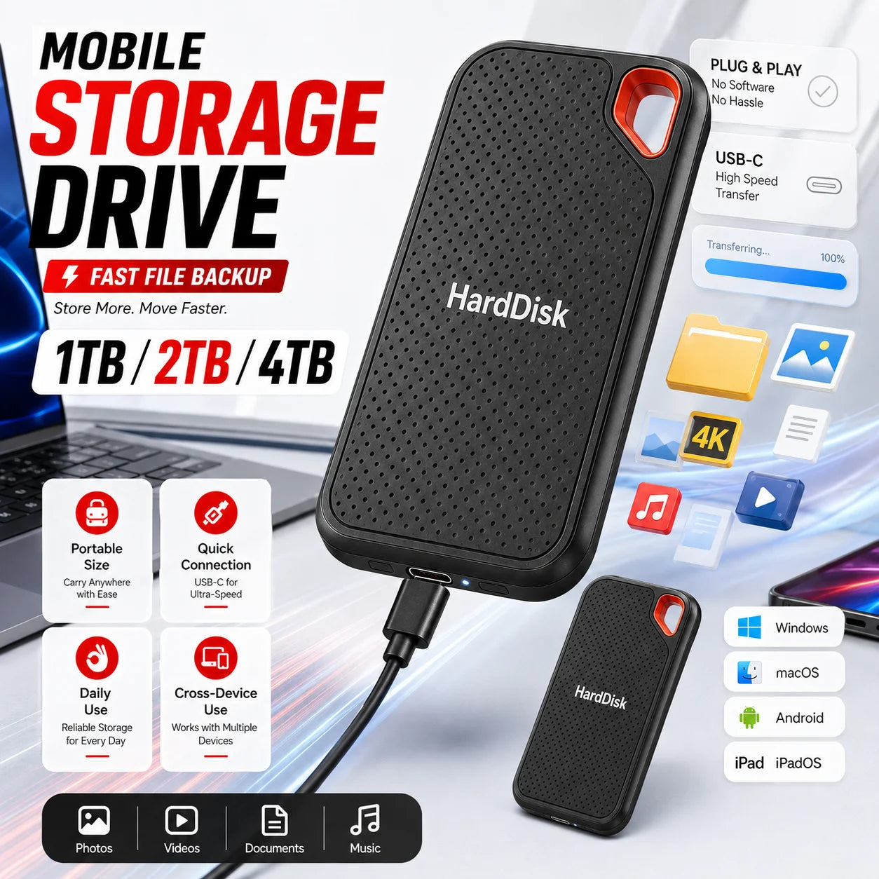 External Solid State Drive 1TB 2TB High Speed Transfer External Hard Drive Portable SSD Multi System Compatible For Windows MAC