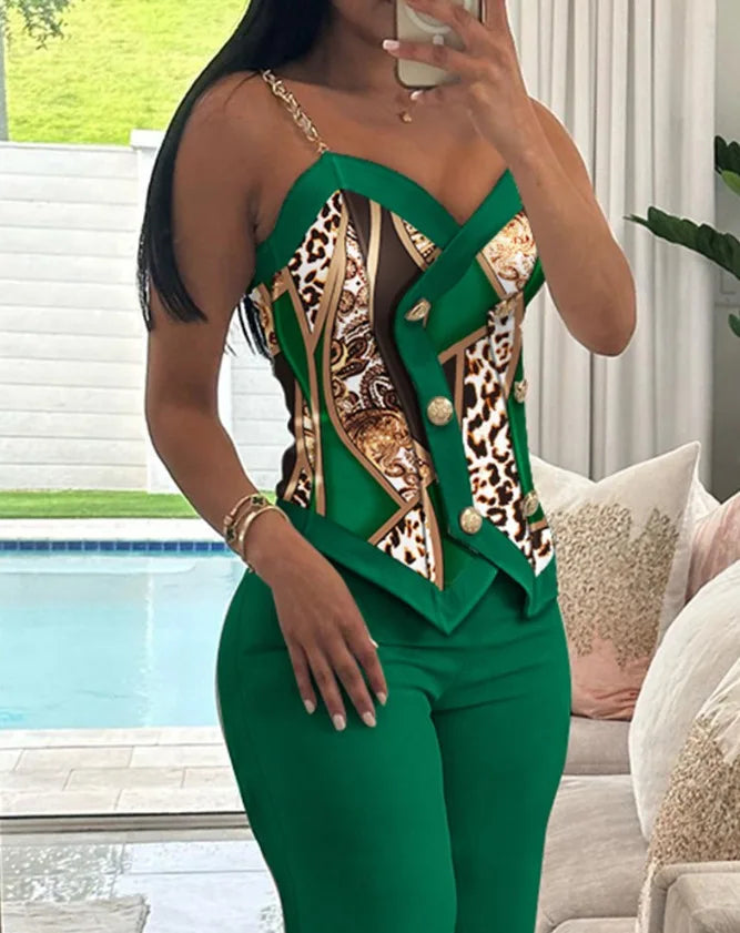 Spring Summer Sleeveless Suit Fashion Print Two Piece Sets Women Sexy V-neck Button Metal Sling Top & Wide Leg Pants Outfits