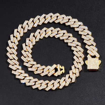 14mm Iced Out  Prong Cuban Link Chain Necklace for Men Women 2 Row Rhinestone Paved Miami Rhombus Hip Hop Jewelry Wholesale