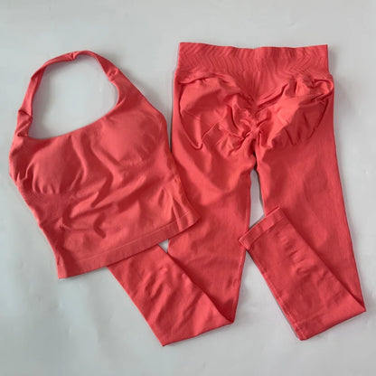 1-2pcs Gym Set Women Backless Tank Tops High Waist Scrunch Seamless Shorts High Waist Yoga Leggings Workout Sets Gym Suit