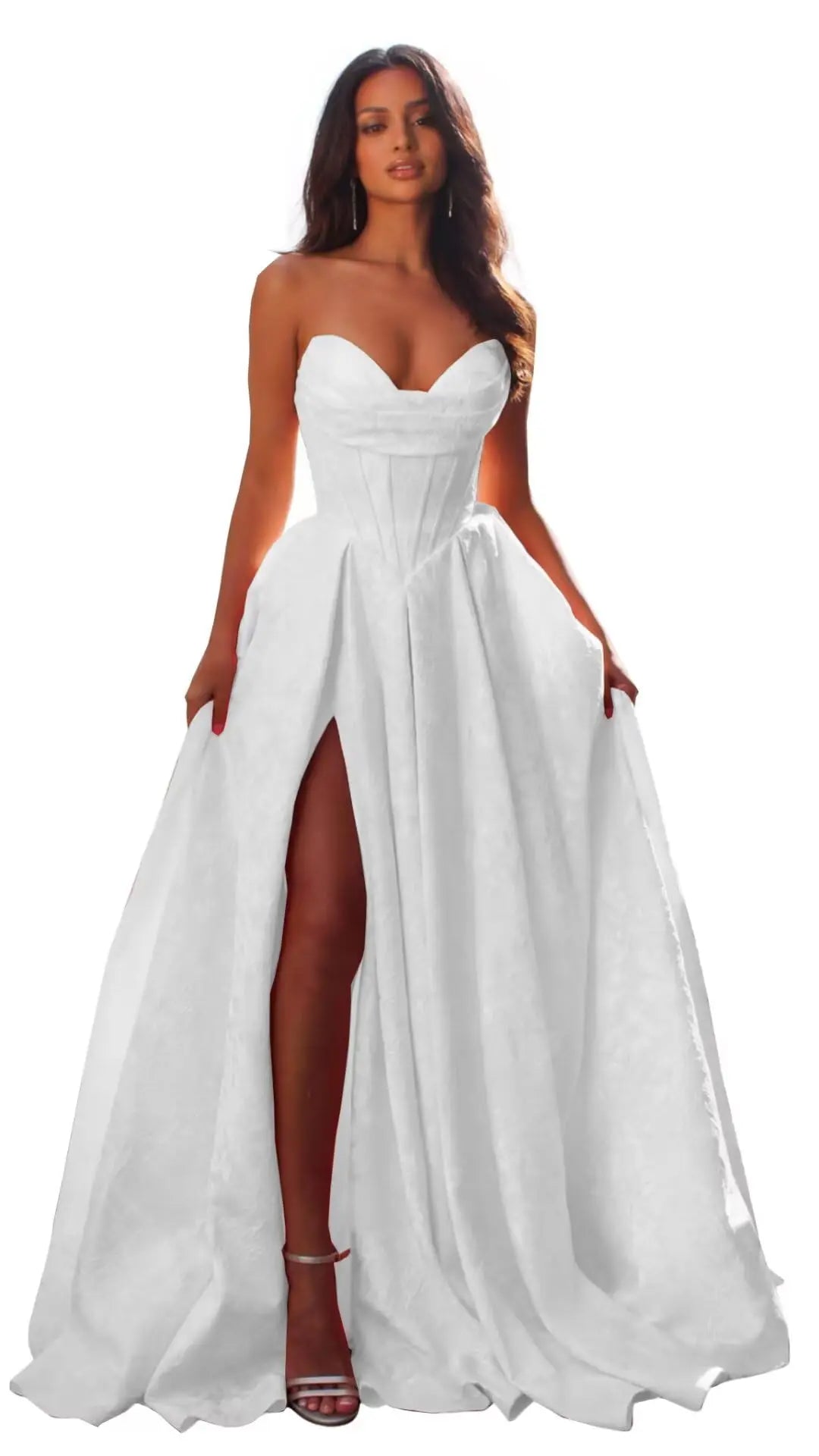 Jacquard Satin Prom Dresses with Slit Strapless Corset A Line Long Formal Gowns Party Evening Gown Formal Dress Women Elegant