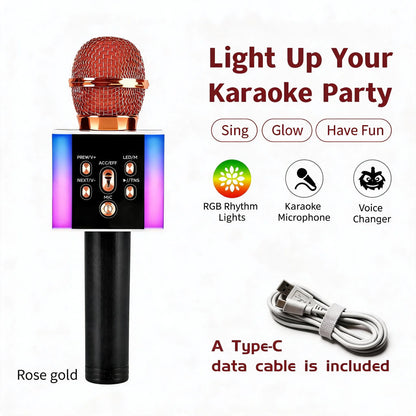 6-In-1 Wireless Karaoke Mic - Big Bass Wireless Speaker, LED Lights, Voice Changer, Pairable - Portable Singing Mic for Family, Birthday, Parties, Car Trips, Halloween, Thanksgiving And Christmas Gifts