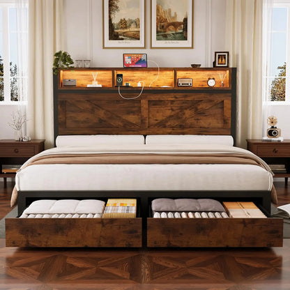 Farmhouse Queen Bed Frame & Bookcase Headboard,Charging Station & LED Light,2 Storage Drawers,Platform,Bedroom,Queen, Custom