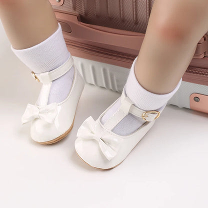 Solid Color PU Leather Bowknot Princess Shoes, Baby Learning Walk Shoes Prewalkers for Newborn  Girls 0-18M