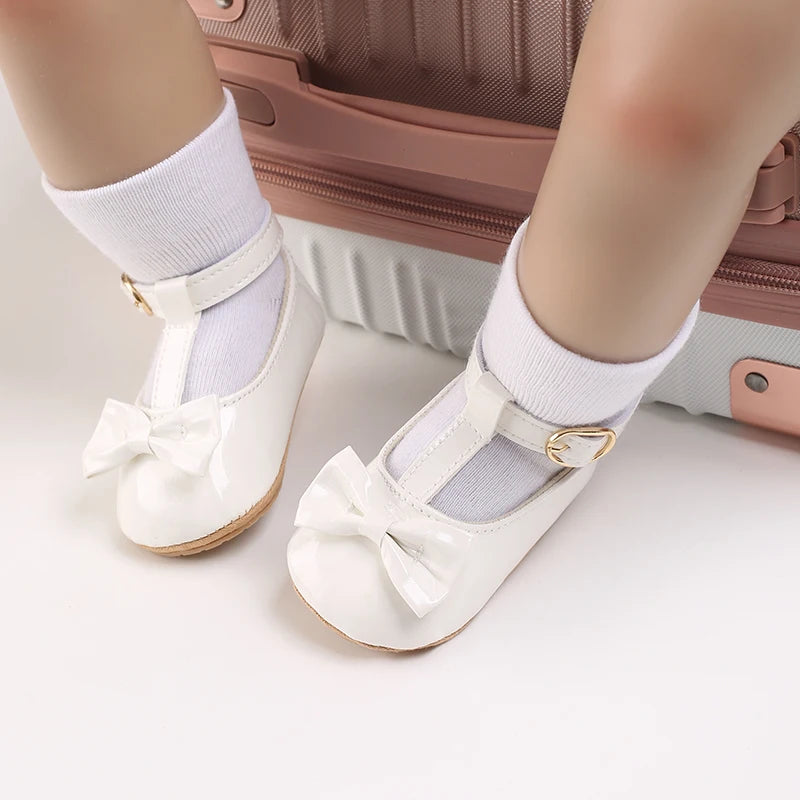 Solid Color PU Leather Bowknot Princess Shoes, Baby Learning Walk Shoes Prewalkers for Newborn  Girls 0-18M