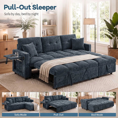 81.8" L-Shaped Sleeper Sofa with Pull Out Bed, Convertible Sectional Couch with Storage Chaise, USB/Type-C Charging and Cup Holders, Plush Chenille Modular Sofa for Living Room, Blue