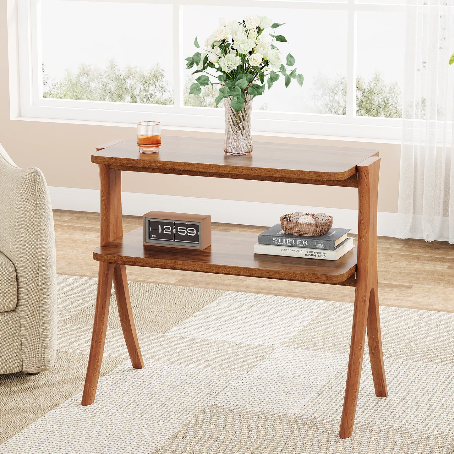 Tribesigns Walnut Side Table for Living Room, Narrow End Table with 2-Tier Storage Shelf and Solid Wood Legs, Slim Bedside Table