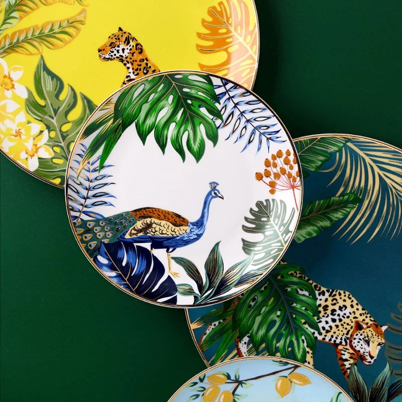 Dinnerware Set Colorful Forest Animal Design Plate Steak Tray Flat Ceramic Tableware 10inch Dish Christmas Gift Gold