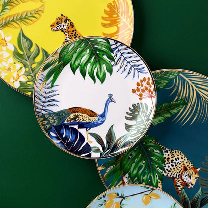 Dinnerware Set Colorful Forest Animal Design Plate Steak Tray Flat Ceramic Tableware 10inch Dish Christmas Gift Gold