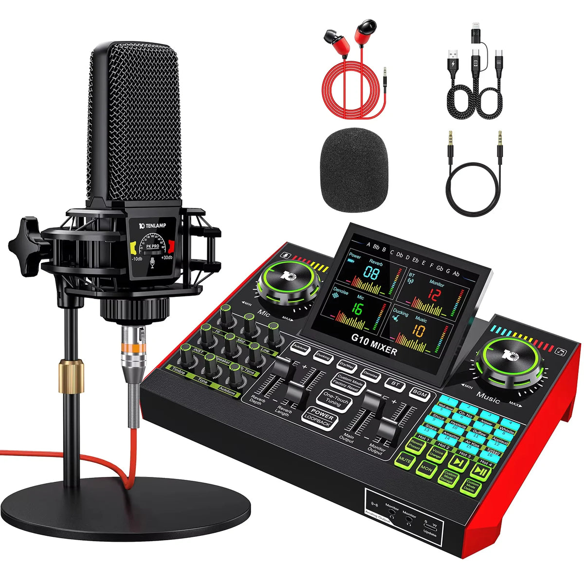 Tenlamp G10 Podcast Equipment Bundle 6 Channel with 3.5mm Microphone and Live Sound Card,RGB Streaming with XLR Gaming Audio Interface Professional Mixer for Podcasting, Influencers, Kols, Singing, Gaming, And Djing