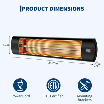 1500W Carbon Fiber Infrared Patio Heater Outdoor Electric Wall Mount With Remote, 24h Timer, 3 Heat Modes For Garage Porch Areas