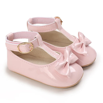 Solid Color PU Leather Bowknot Princess Shoes, Baby Learning Walk Shoes Prewalkers for Newborn  Girls 0-18M