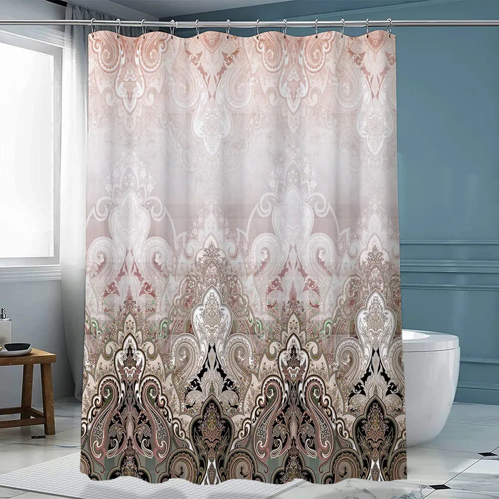 Luxury Red Gold Damask Print Shower Curtain, Waterproof Polyester Bathroom Curtain with Hooks