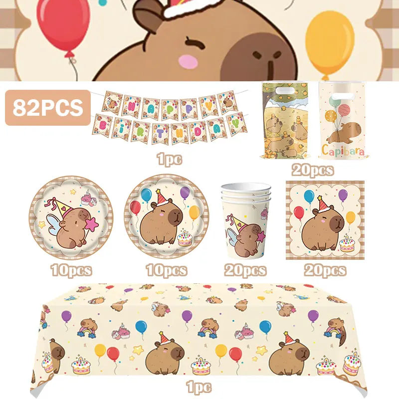 Capybara Decoration Birthday Party Favors Tableware Set Cup Plate Balloons Gift Bags Happy Banner Cake Topper Supplies for Girls