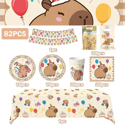 Capybara Decoration Birthday Party Favors Tableware Set Cup Plate Balloons Gift Bags Happy Banner Cake Topper Supplies for Girls