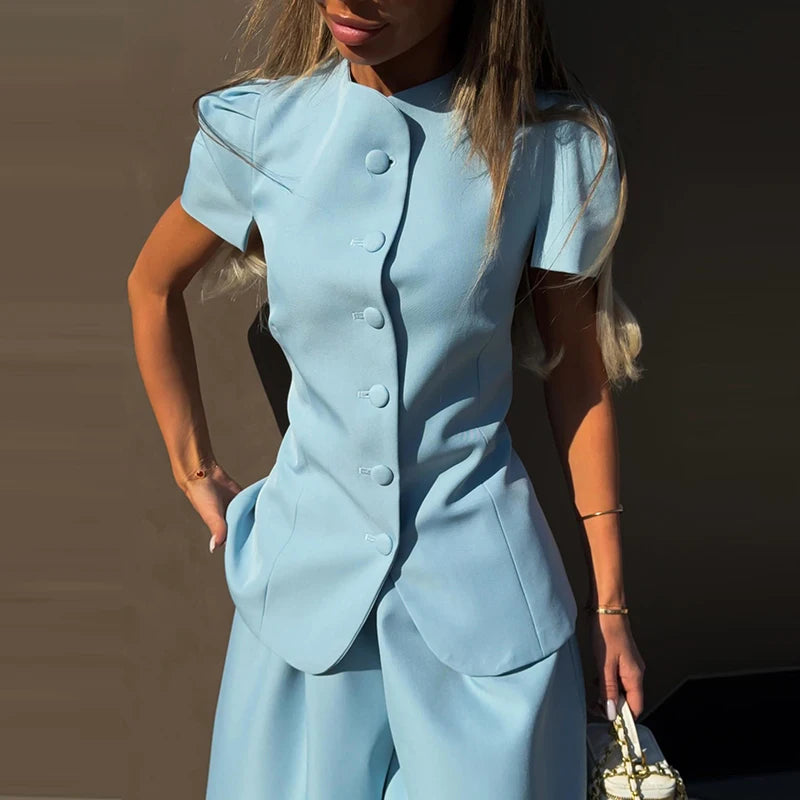 Elegant Short Sleeve Top Pants Set Women's Solid Single-breasted O Neck Waist-cinching Tops Loose Lantern Trousers 2026 Outfits