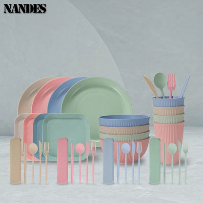 36pcs Plate Sets Wheat Straw Eco-Friendly Ramen Bowl Tableware Dinner Dishes Set Camping Tableware Set With Knife Fork Spoon
