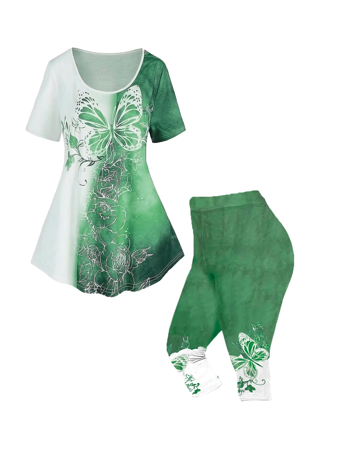 Plus Size Matching Sets Summer Female Large Size Blue Butterfly Print Color T-Shirt Short Sleeve Print Pants Casual Two-Piece Se