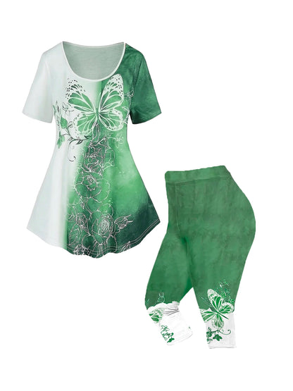 Plus Size Matching Sets Summer Female Large Size Blue Butterfly Print Color T-Shirt Short Sleeve Print Pants Casual Two-Piece Se