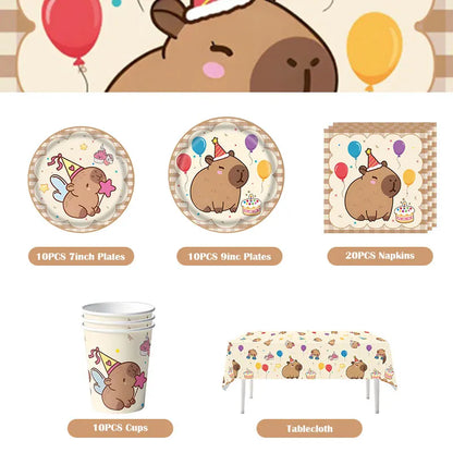 Capybara Decoration Birthday Party Favors Tableware Set Cup Plate Balloons Gift Bags Happy Banner Cake Topper Supplies for Girls