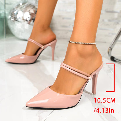 Women Pointed Toe Patent Leather Ankle Strap Stiletto Heel Slide Mules Slip‑On Party Dress Heeled Sandals Nude Pink Large Size