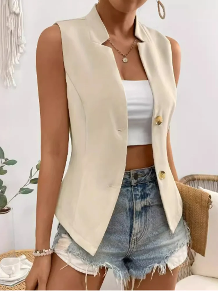 Sleeveless Lapel Short Sleeved Solid Color Button Women's Suit Jacket High Street Fashion Daily Elegant Summer Top