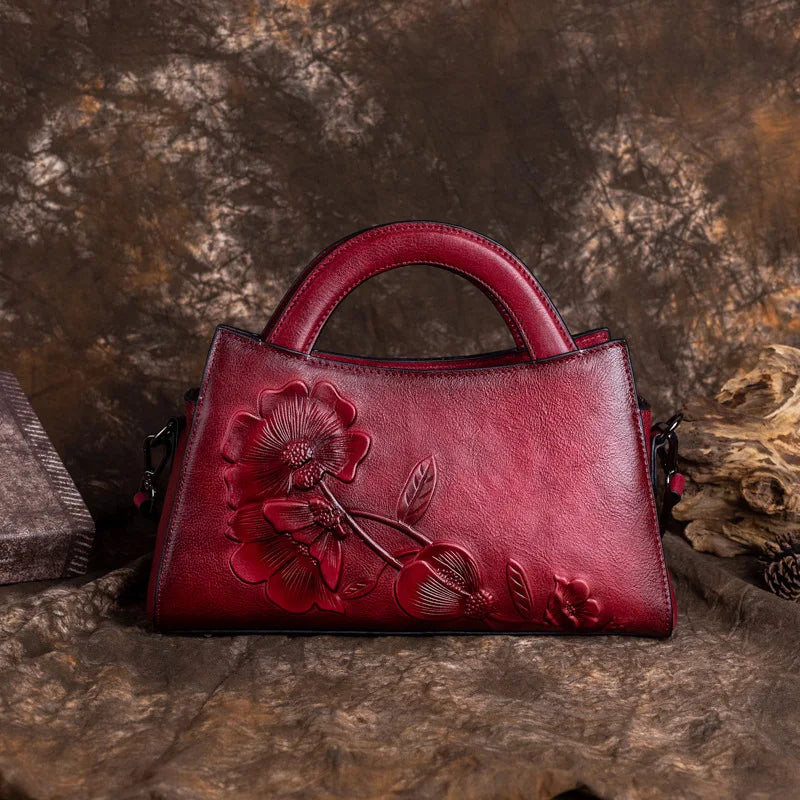 Floral Women Genuine Leather Tote Bag Retro Real Cow Leather Handbag Vintage Ladies Cowhide Shoulder or Crossbody Bags