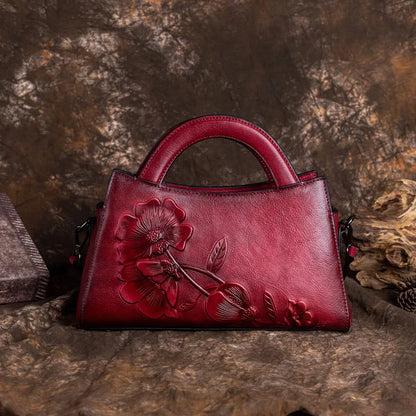 Floral Women Genuine Leather Tote Bag Retro Real Cow Leather Handbag Vintage Ladies Cowhide Shoulder or Crossbody Bags