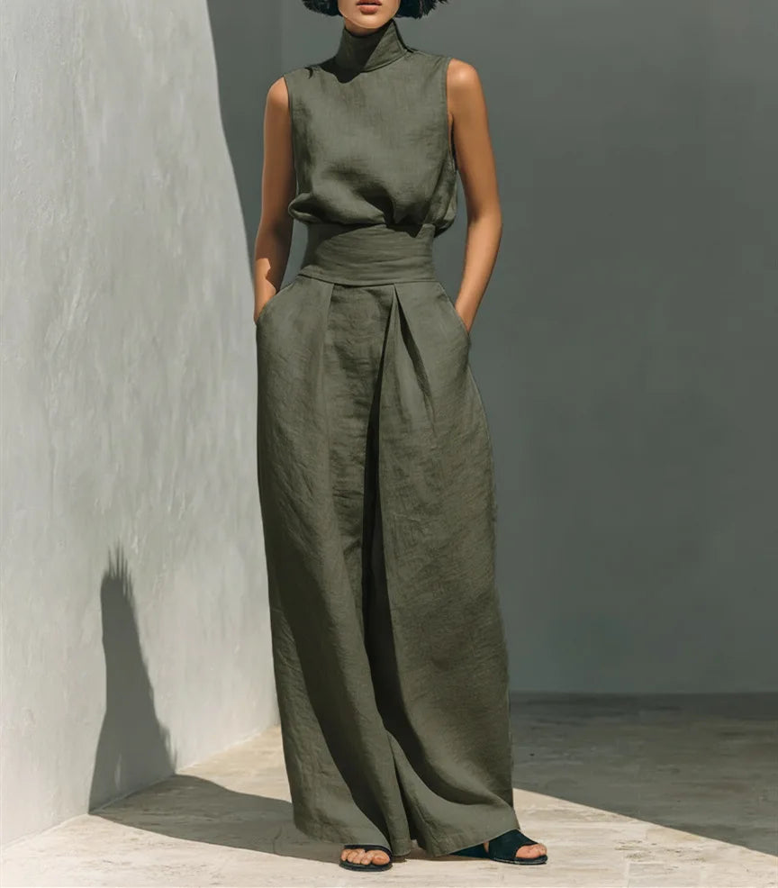 casual Solid Cotton Linen two-piece set for Women Sleeveless Turtleneck Top +High Waist Pants Set New Summer Button Loose Outfit