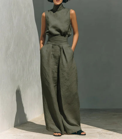 casual Solid Cotton Linen two-piece set for Women Sleeveless Turtleneck Top +High Waist Pants Set New Summer Button Loose Outfit