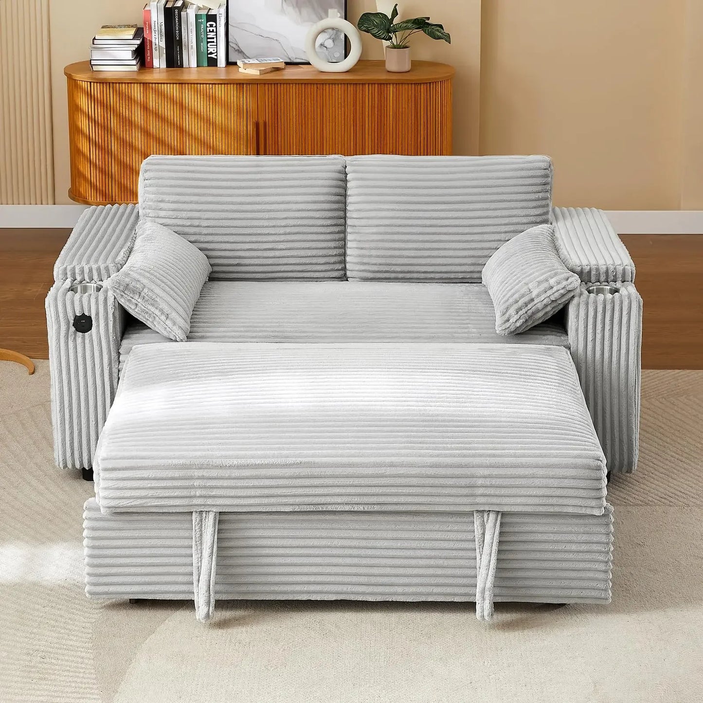 hansones 65'' 3-in-1 Folding Convertible Sofa Bed, Pullout Sofa, Modern Chenille Fabric, 360° Swivel Side Table, Easy Assembly,