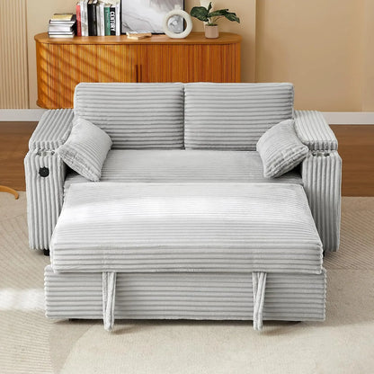 hansones 65'' 3-in-1 Folding Convertible Sofa Bed, Pullout Sofa, Modern Chenille Fabric, 360° Swivel Side Table, Easy Assembly,