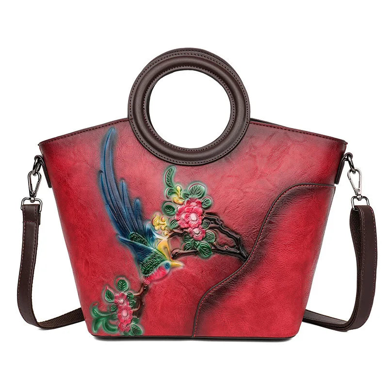 2026 New Handmade Painting Vintage Bucket Bag for Women Genuine Leather Textured Top Handle Shoulder Crossbody Handbag Purse