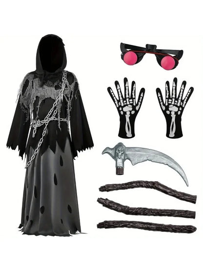 Halloween Costume Glowing Eyes Grim Reaper Costume for Kids 5-12 years Boys Halloween Dress-up Party