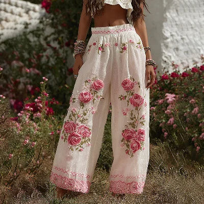 European and American Women's New Style Pants, Featuring Floral Print Pattern Elegant Temperament and Straight-cut Design Suitab