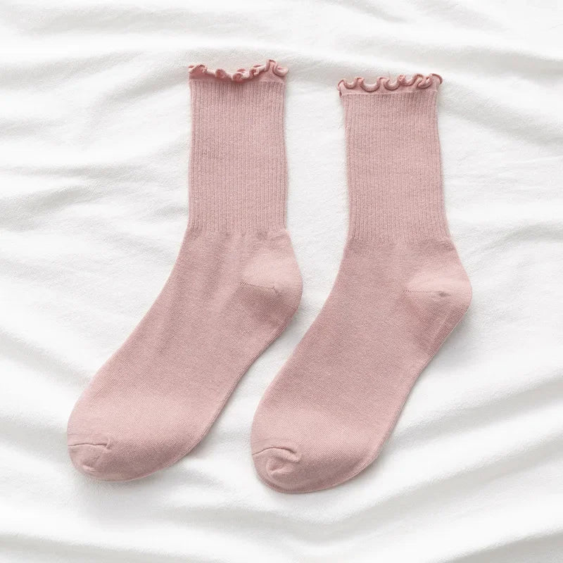 Ruffle Socks Women White Black Frilly Lolita Style Japanese Maiden Cute Kawaii Cotton Harajuku Princess Crew Socks Calcetines