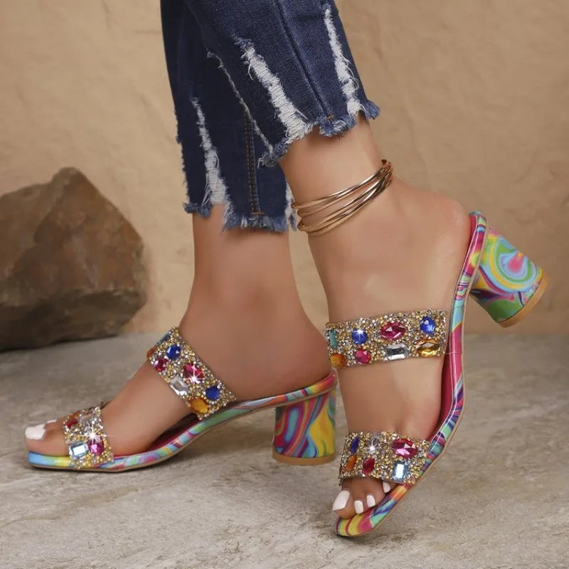 Large Size High Heel Slippers Women's Summer New Candy Color Rhinestone Sandals Flat Buckle Slippers PU Leather Rubber Sole