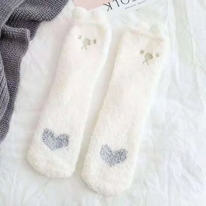 1 Pairs Warm & Fuzzy Cartoon Animal Socks, Crew Length Warm Coral Fleece Socks For Winter, Women's Stocking & Hosiery