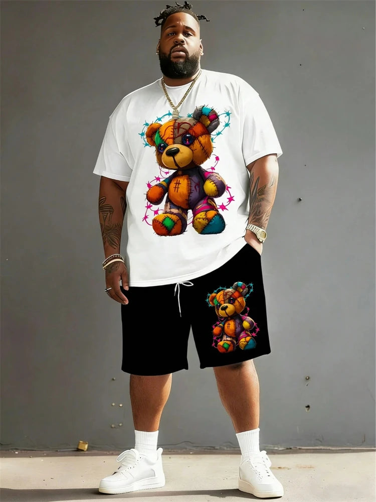 2026 Summer Men 2-Piece Set Fun Cartoon Bear Print Short-Sleeve T-Shirt and Shorts Set Sporty Style Plus Size Fashionable Outfit