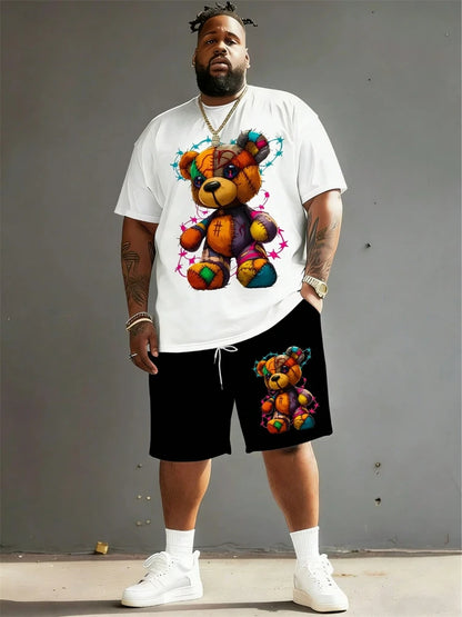2026 Summer Men 2-Piece Set Fun Cartoon Bear Print Short-Sleeve T-Shirt and Shorts Set Sporty Style Plus Size Fashionable Outfit
